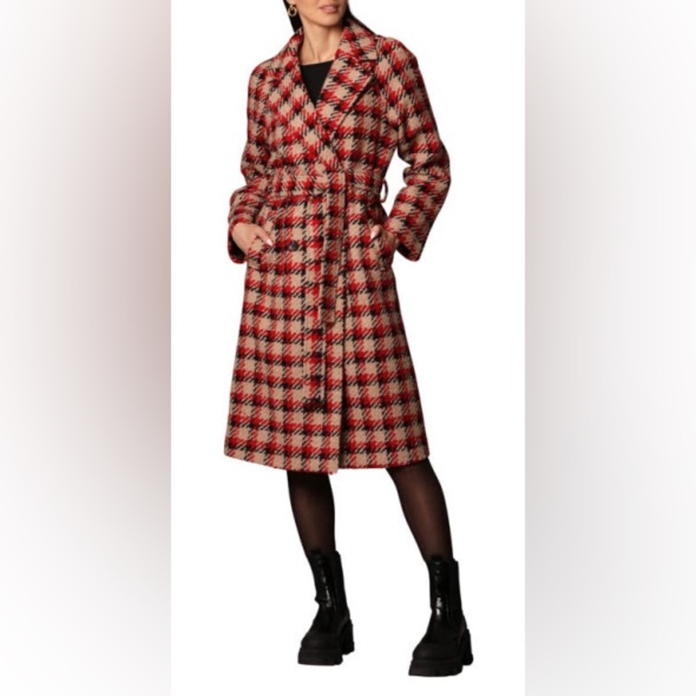 Avec Les Filles Belted Plaid Double Breasted Longline Coat